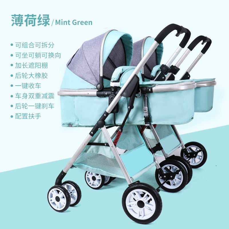 Wholesale double stroller: lightweight, high-view, convertible (sitting/reclining), detachable, foldable, twin baby pram
