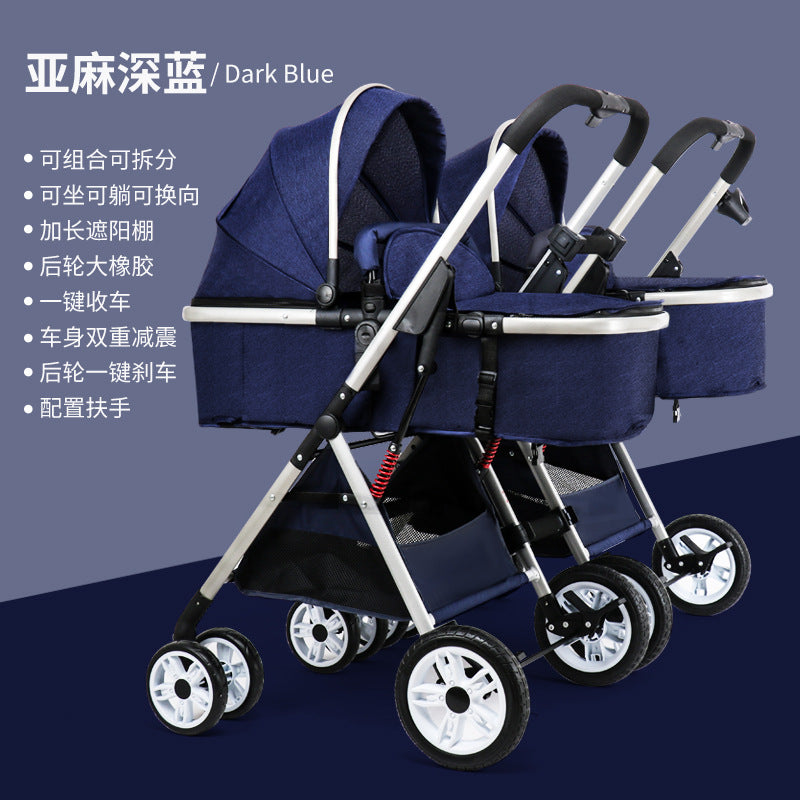 Wholesale double stroller: lightweight, high-view, convertible (sitting/reclining), detachable, foldable, twin baby pram