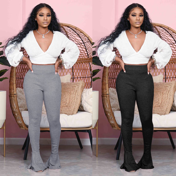 V2037 Sexy European and American V-neck strap long sleeve, slim flared trousers two-piece set