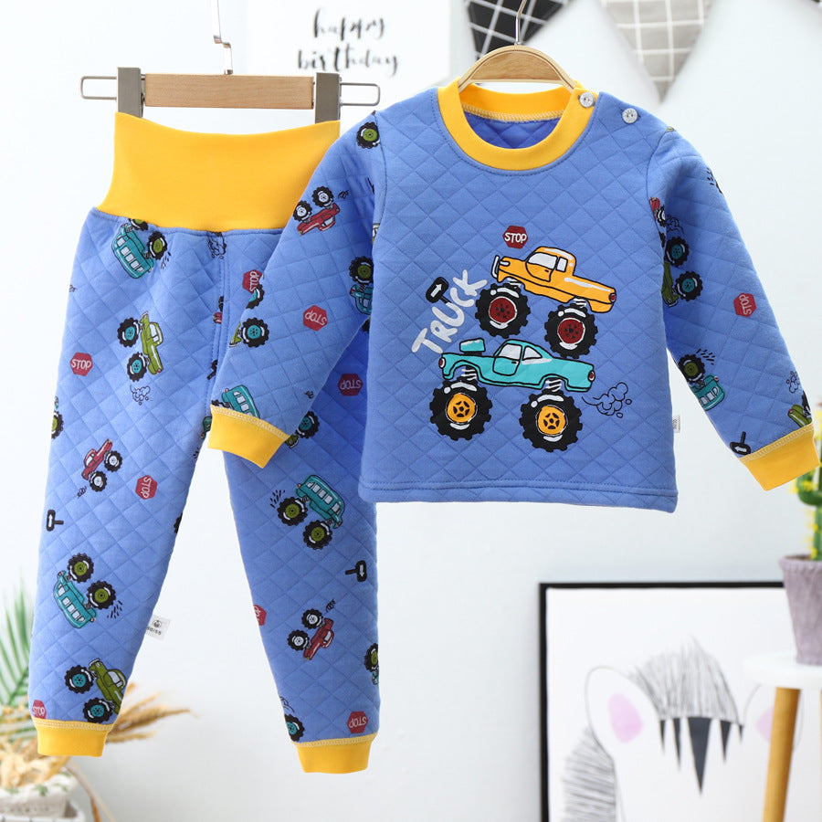 Winterpure cottonkidsheattechintimatessuit three-layer quilted baby high waist belly protection fleece-linedthickened autumn clothes and long trousers