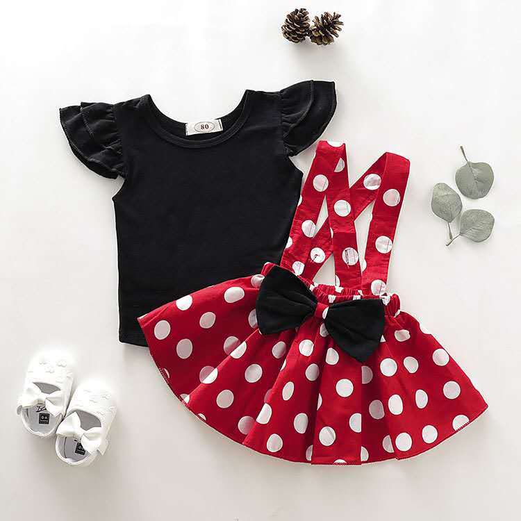 new girls' skirt set: solid color flutter sleeve top + polka dot suspender skirt - wholesale & dropshipping available
