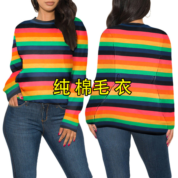 S3879 in stock! Foreign trade women's clothing European and American fashion striped printing round neck long sleeve loose women's cotton sweater women