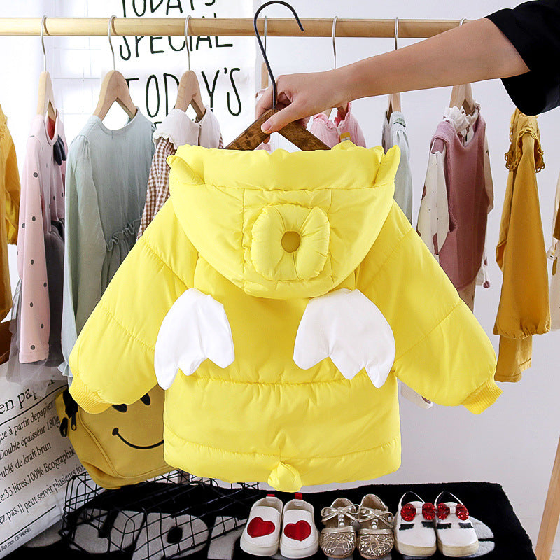Girls' winter padded cotton coat, cute baby girl's padded jacket, 6-year-old girl's padded cotton coat with moving wings, one-piece winter outfit