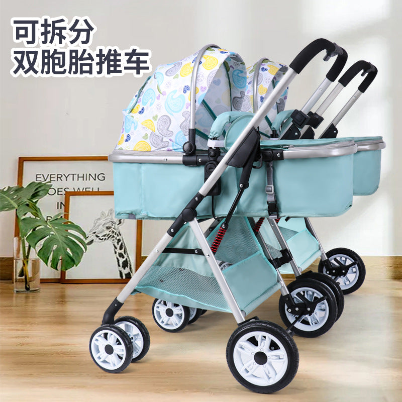 Wholesale double stroller: lightweight, high-view, convertible (sitting/reclining), detachable, foldable, twin baby pram