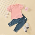 European and american style cross-border children's summer outfit: solid color sweet bubble sleeve lace top with beaded open-pocket denim pants set