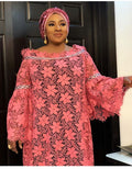 Special offer: african women's lace loose plus size robe dress with flared sleeves, fashionable long dress with matching headscarf