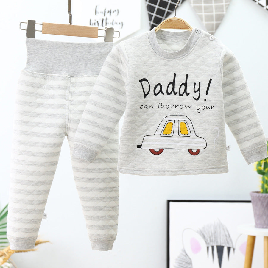 Winterpure cottonkidsheattechintimatessuit three-layer quilted baby high waist belly protection fleece-linedthickened autumn clothes and long trousers