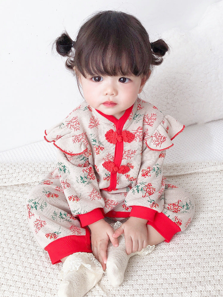 Newborn spring/autumn romper, baby girl chinese style full month outfit, infant winter warm cotton outing clothes