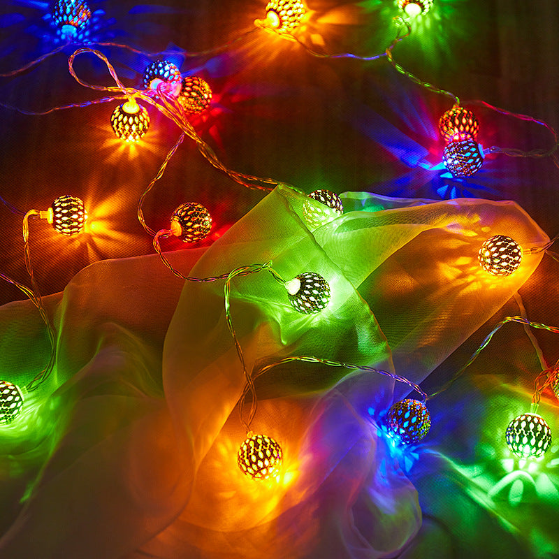 Cross-border new LED Moroccan ball light string Christmas wrought iron small ball hollow gold ball decorative lights