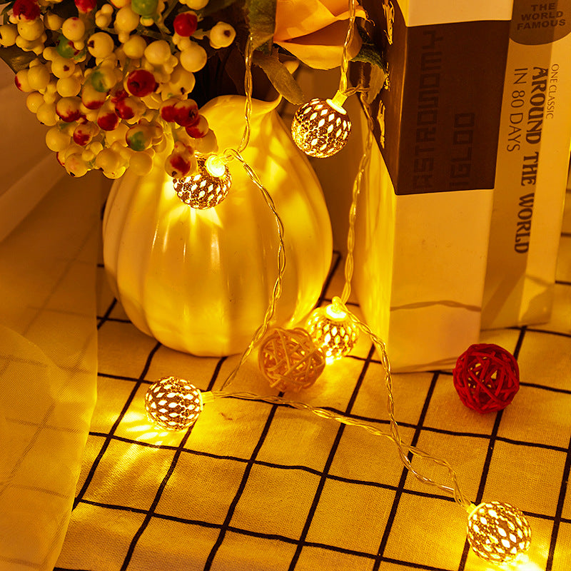 Cross-border new LED Moroccan ball light string Christmas wrought iron small ball hollow gold ball decorative lights
