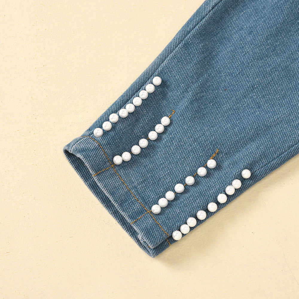 European and american style cross-border children's summer outfit: solid color sweet bubble sleeve lace top with beaded open-pocket denim pants set