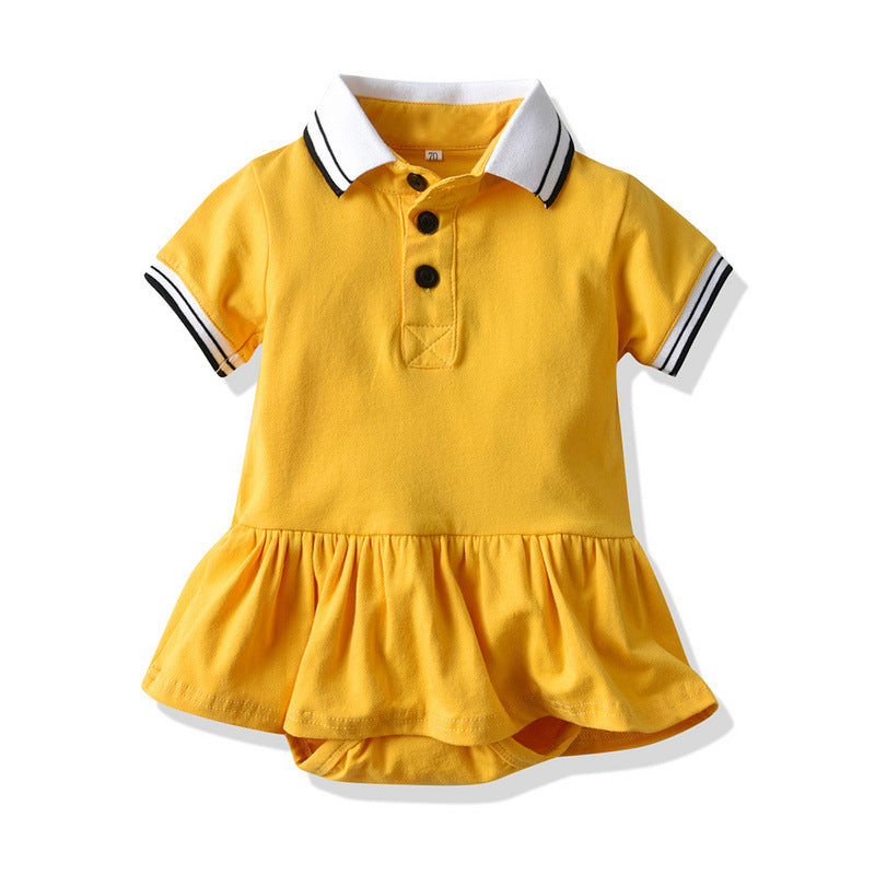 K-stylesummernew arrivalgirl khaki dressfake two-piece children's clothing short-sleeved polo wearkids lapel pleated skirt