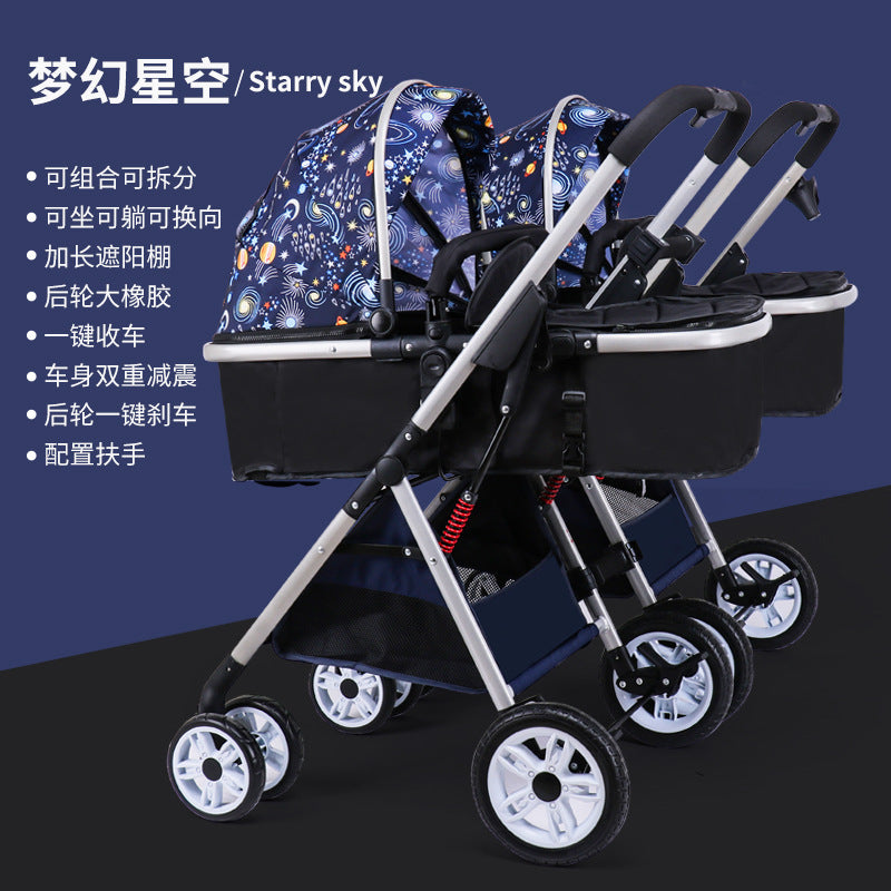 Wholesale double stroller: lightweight, high-view, convertible (sitting/reclining), detachable, foldable, twin baby pram