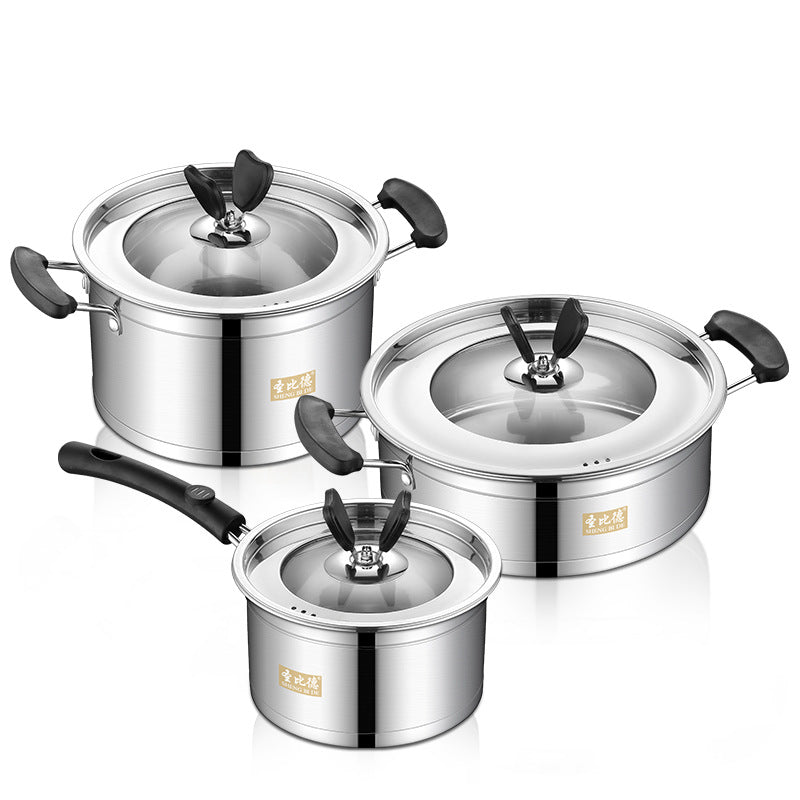 St. Bede stainless steel pot set, three-piece set of covered bottom European right-angle pot, gift wholesale for kitchen utensils
