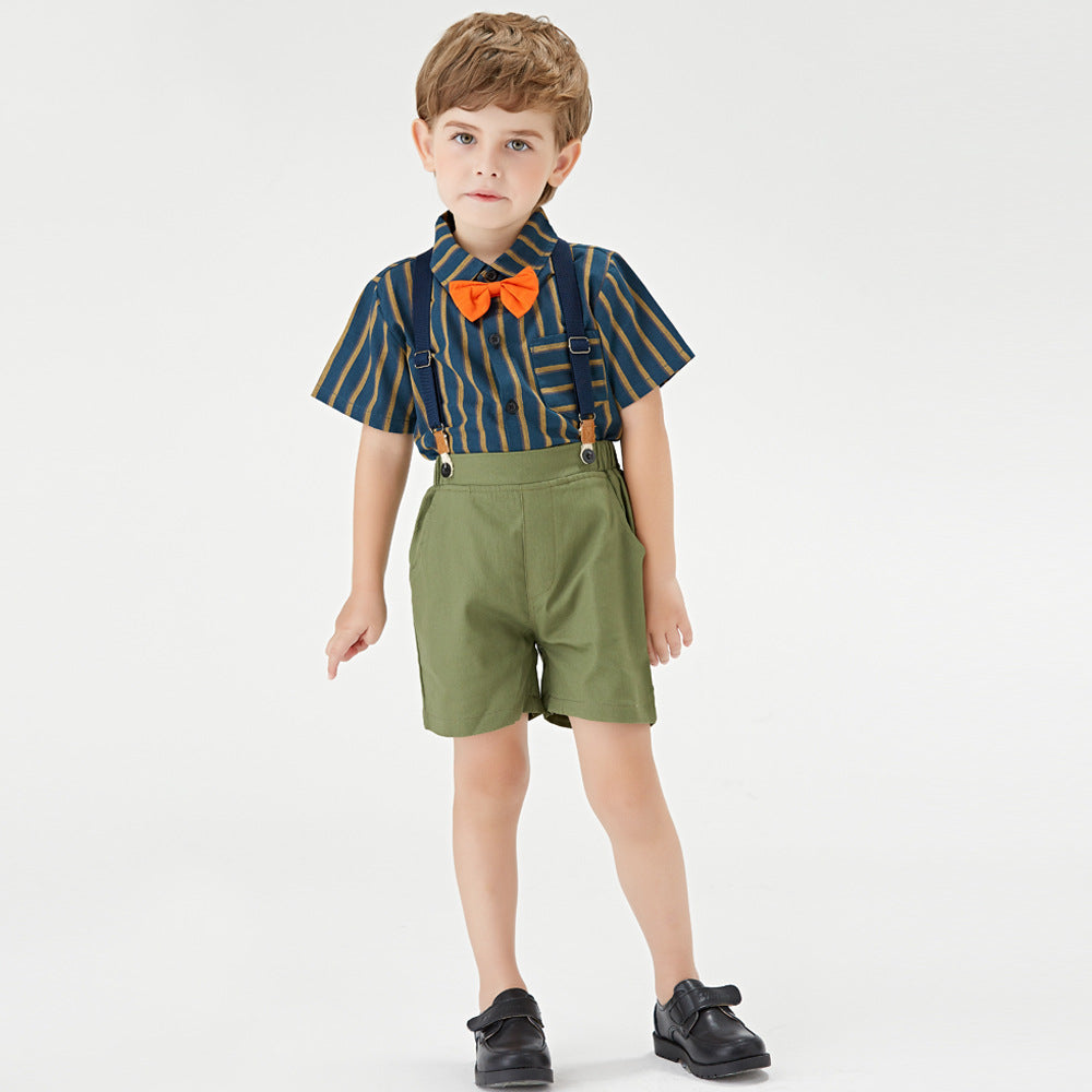 export children's summer gentleman striped short-sleeve set, kindergarten uniform two-piece outfit, baby suit