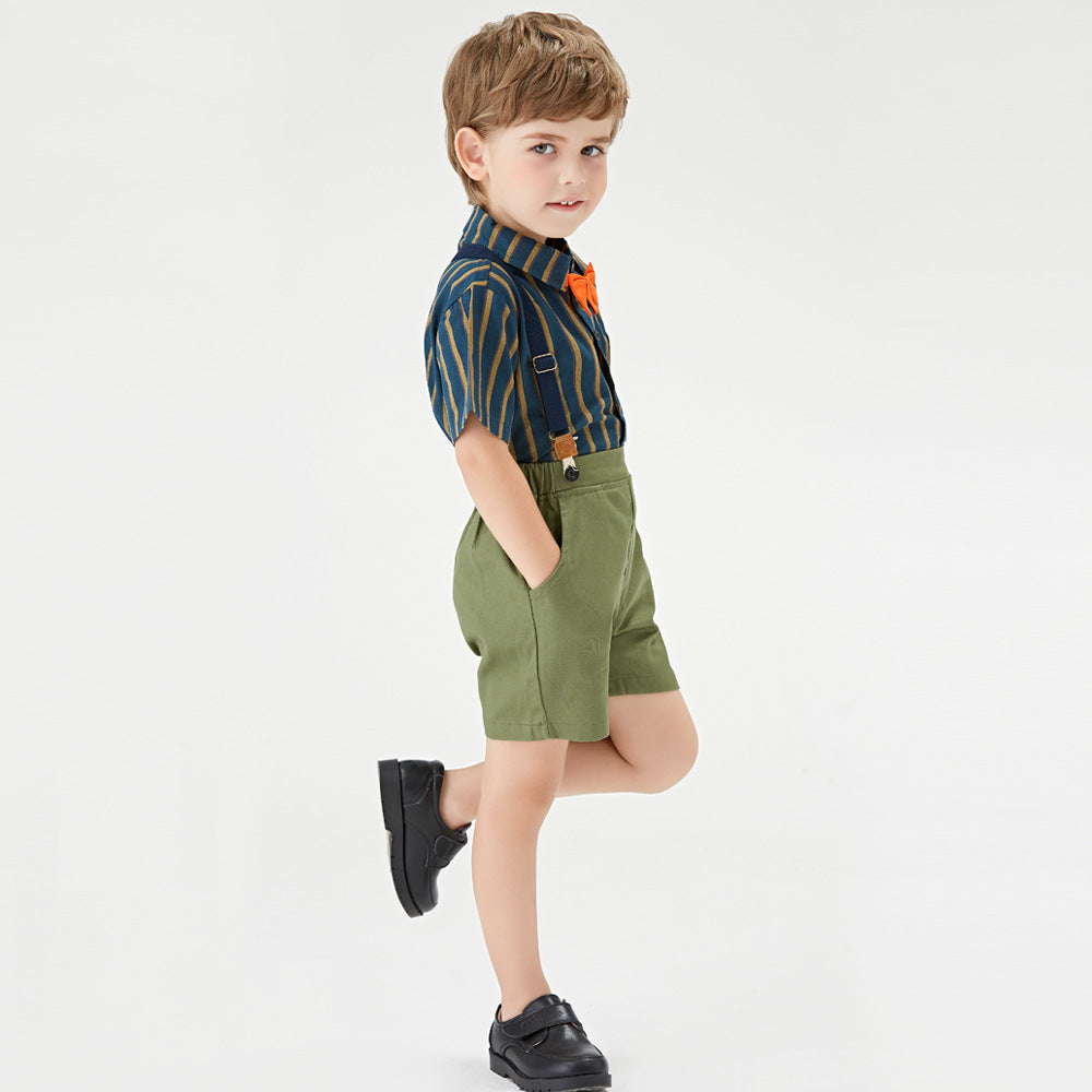export children's summer gentleman striped short-sleeve set, kindergarten uniform two-piece outfit, baby suit