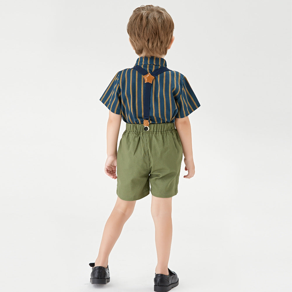 export children's summer gentleman striped short-sleeve set, kindergarten uniform two-piece outfit, baby suit