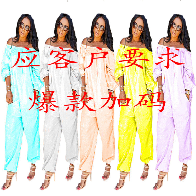 2020 hot selling european and american cross-border women's clothing  fashion casual solid color loose one-shoulder jumpsuit
