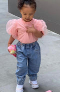 European and american style cross-border children's summer outfit: solid color sweet bubble sleeve lace top with beaded open-pocket denim pants set
