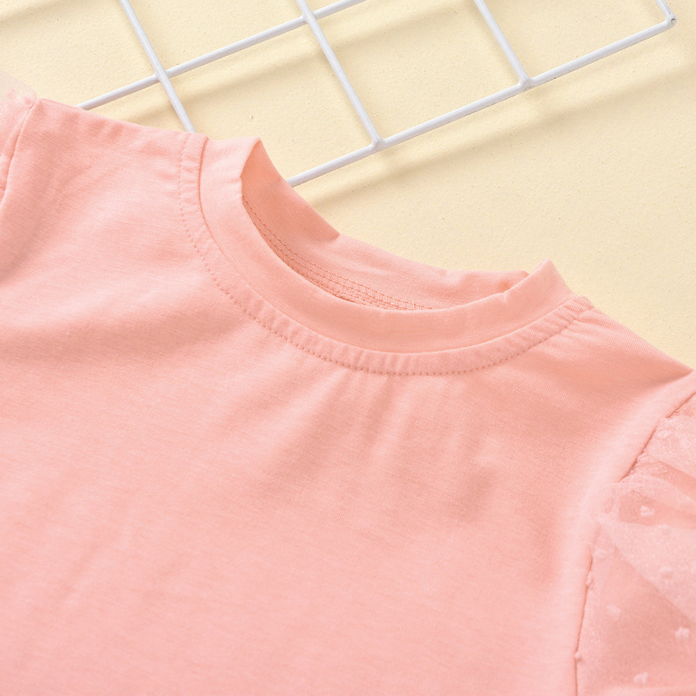 European and american style cross-border children's summer outfit: solid color sweet bubble sleeve lace top with beaded open-pocket denim pants set