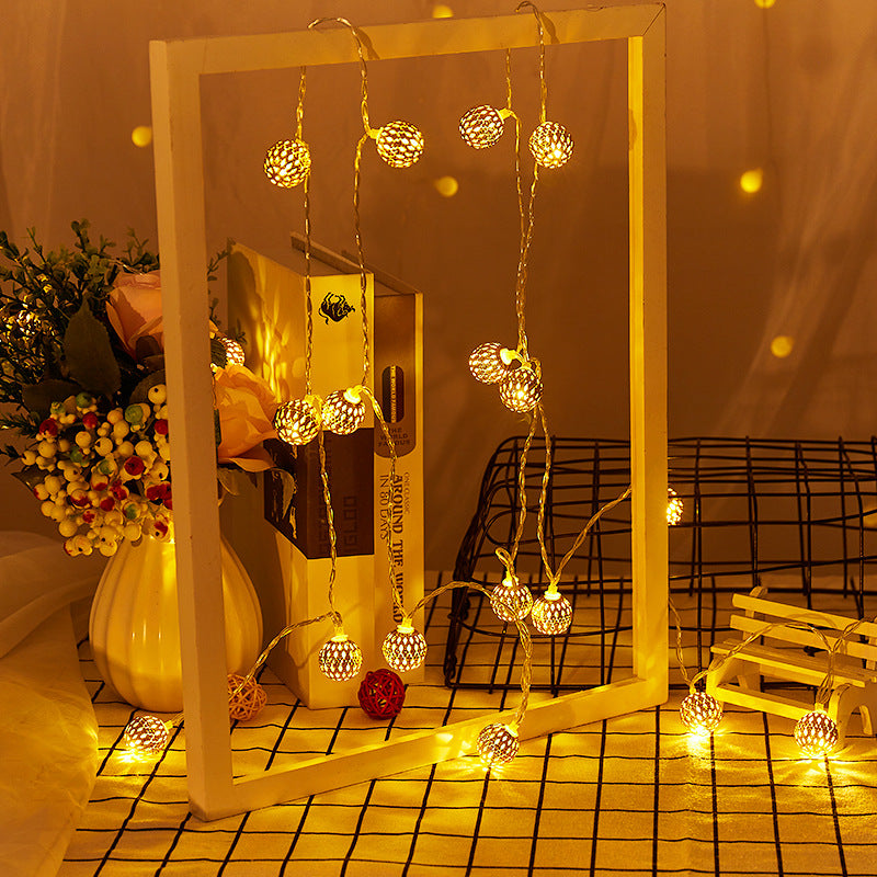 Cross-border new LED Moroccan ball light string Christmas wrought iron small ball hollow gold ball decorative lights