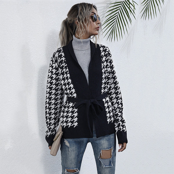 Independent Station Cross-border Autumn European and American Long Sleeve Thousand Birds Cardigan Knitted Small Fragrant Sweater Jacket Women