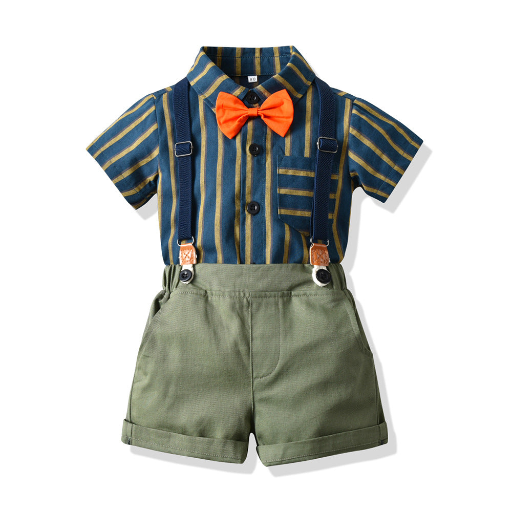 export children's summer gentleman striped short-sleeve set, kindergarten uniform two-piece outfit, baby suit