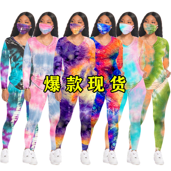 S3891  new hot-selling casual tie-dye round neck home sports trousers set multi-color wholesale including masks