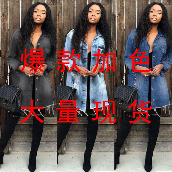 wish  European and American  medium and long slim fit ripped denim jacket women's trench coat European and American style