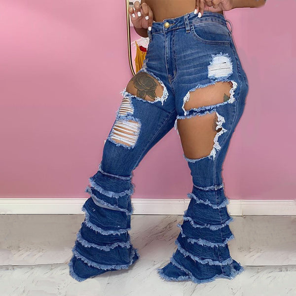 wishes European and American women's elastic denim trousers eaby women's denim horseshoe trousers high waist and thin
