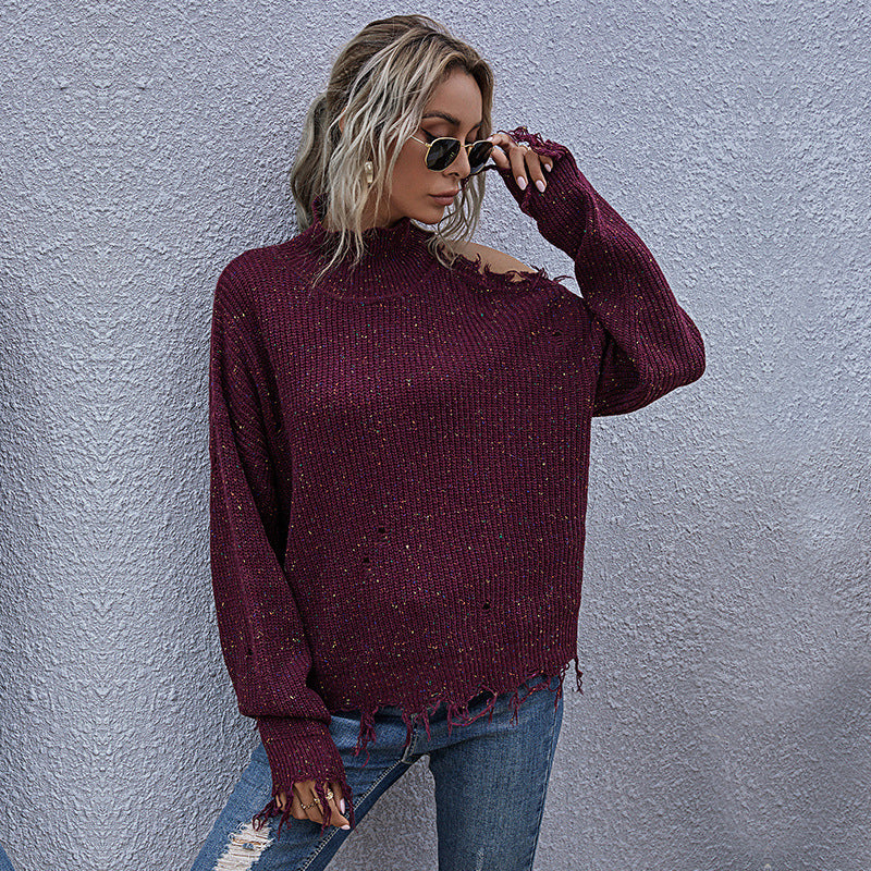 Europe, America, loose off-the-shoulder holes, long-sleeved turtleneck autumn knitted sweater, women's autumn popular women's clothing