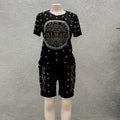 Export african women's sportswear set - t-shirt and shorts outfit with rhinestone lettering and beaded embellishments - casual, fashionable european and american style clothing