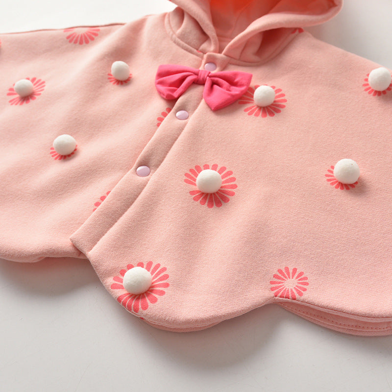 Girls' cloak style autumn/winter outerwear - kids' shawl with hooded design, windproof baby wrap, printed cape style