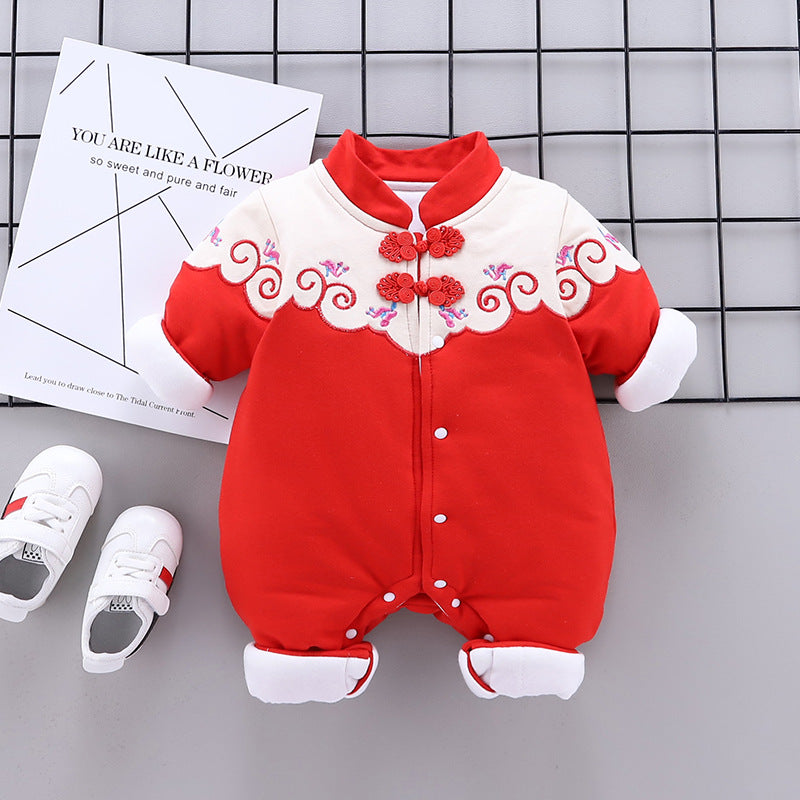 Infant and toddler girl chinese style crawling new year's greetings clothes winter thin cotton clothes newborn 100-day banquet red jumpsuit trendy