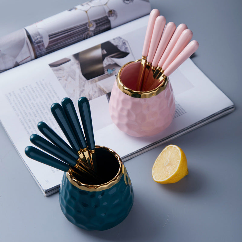 Nordic electroplated fruit fork set with custom ceramic storage jar, christmas stainless steel fruit picks, logo and text personalization