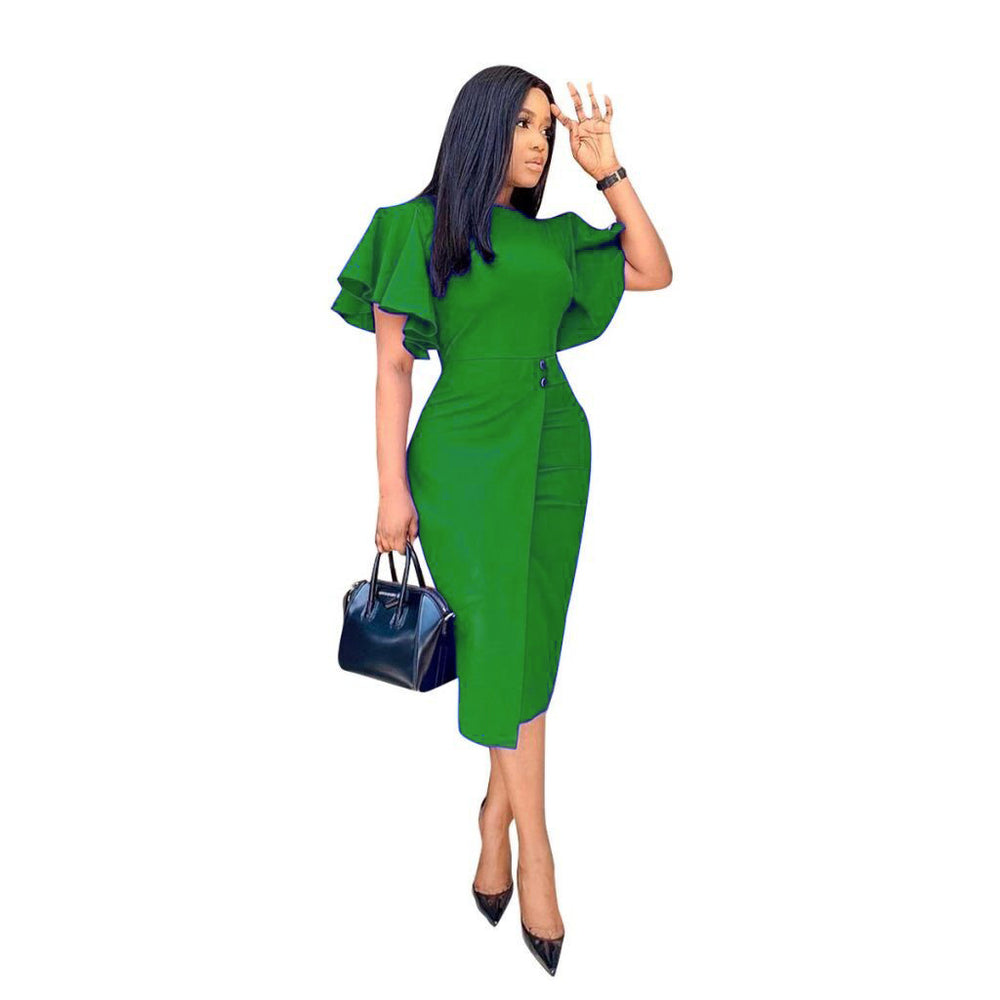 women's clothing, african, european and american independent station, spring and summer lotus leaf sleeves, slit, tight-fitting, hip-covering ol bandage professional dress