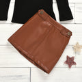 Fashion cross-border hot-selling children's clothing pure color turtleneck pit strip long sleevestops button open pocket leather skirt two-piece set girl's clothing