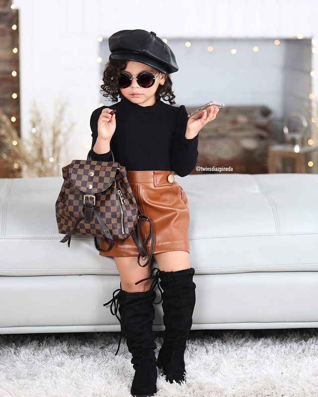 Fashion cross-border hot-selling children's clothing pure color turtleneck pit strip long sleevestops button open pocket leather skirt two-piece set girl's clothing