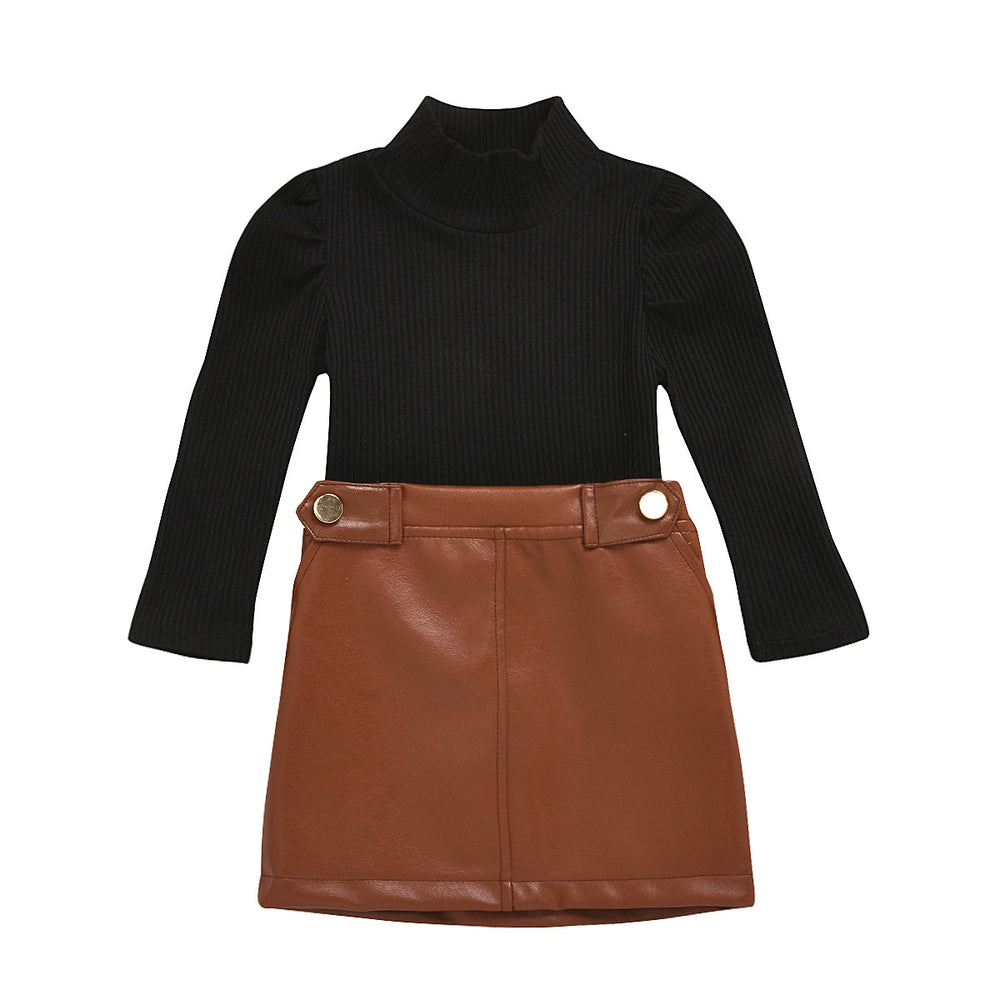 Fashion cross-border hot-selling children's clothing pure color turtleneck pit strip long sleevestops button open pocket leather skirt two-piece set girl's clothing