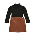 Fashion cross-border hot-selling children's clothing pure color turtleneck pit strip long sleevestops button open pocket leather skirt two-piece set girl's clothing