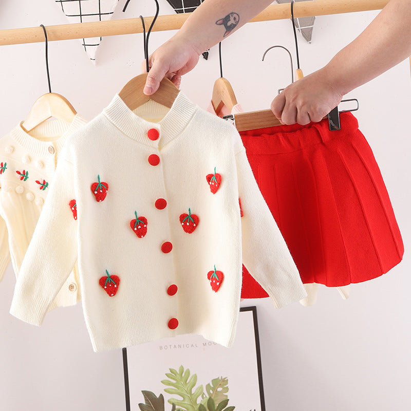 Kids' knitted sweater dress -  new girls' fruit & handmade flower set - baby fashion outfit top & skirt set