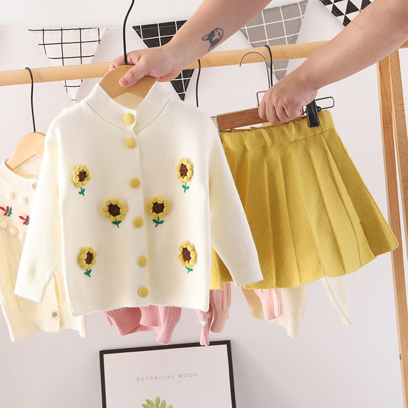 Kids' knitted sweater dress -  new girls' fruit & handmade flower set - baby fashion outfit top & skirt set