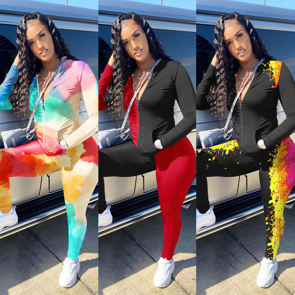 V2023 European and American printed zipper drawstring long-sleeved trousers sweater two-piece nightclub suit