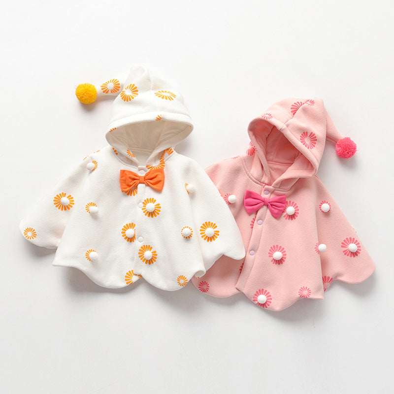 Girls' cloak style autumn/winter outerwear - kids' shawl with hooded design, windproof baby wrap, printed cape style
