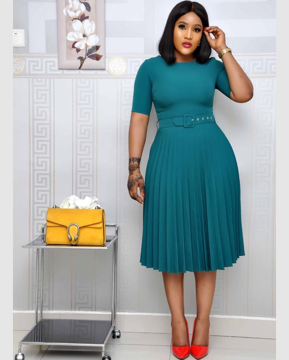 Export fashion women's clothing independent station  new african cross-border  pure color pleated dress in stock
