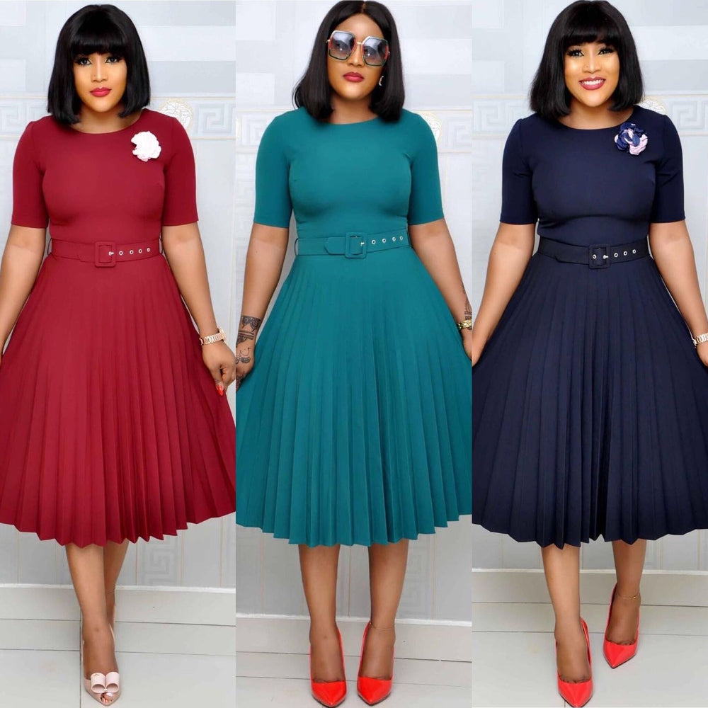 Export fashion women's clothing independent station  new african cross-border  pure color pleated dress in stock