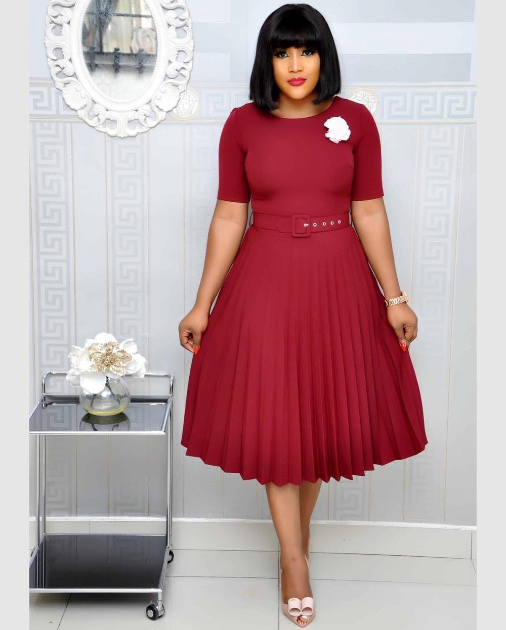 Export fashion women's clothing independent station  new african cross-border  pure color pleated dress in stock