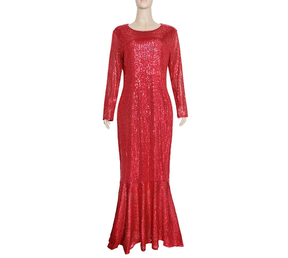 supply of african women's clothing, heavy-duty sequin embroiderlong sleeves banquet wear,   mermaid dress