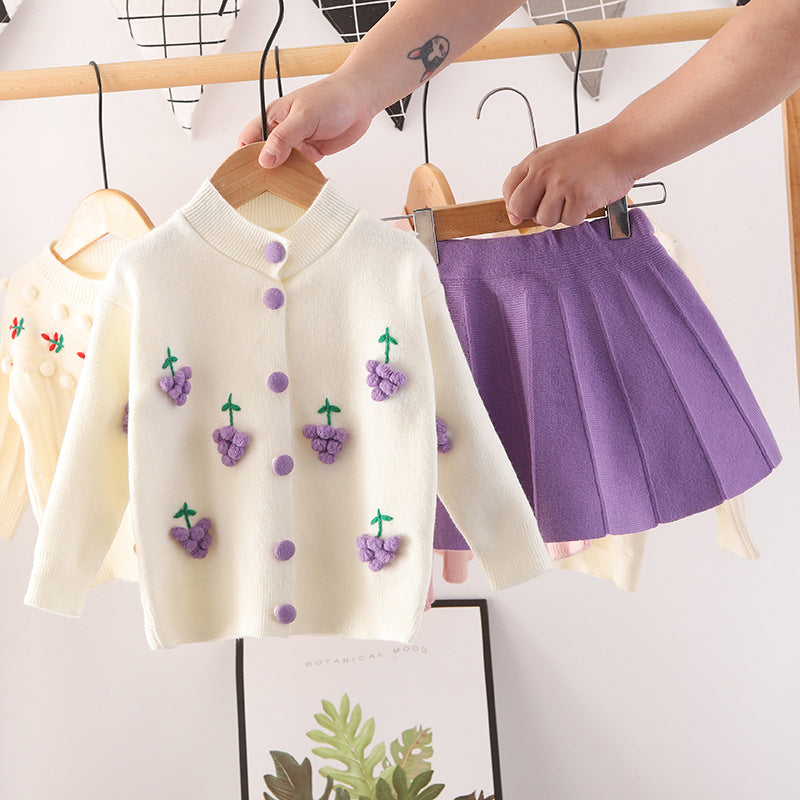 Kids' knitted sweater dress -  new girls' fruit & handmade flower set - baby fashion outfit top & skirt set