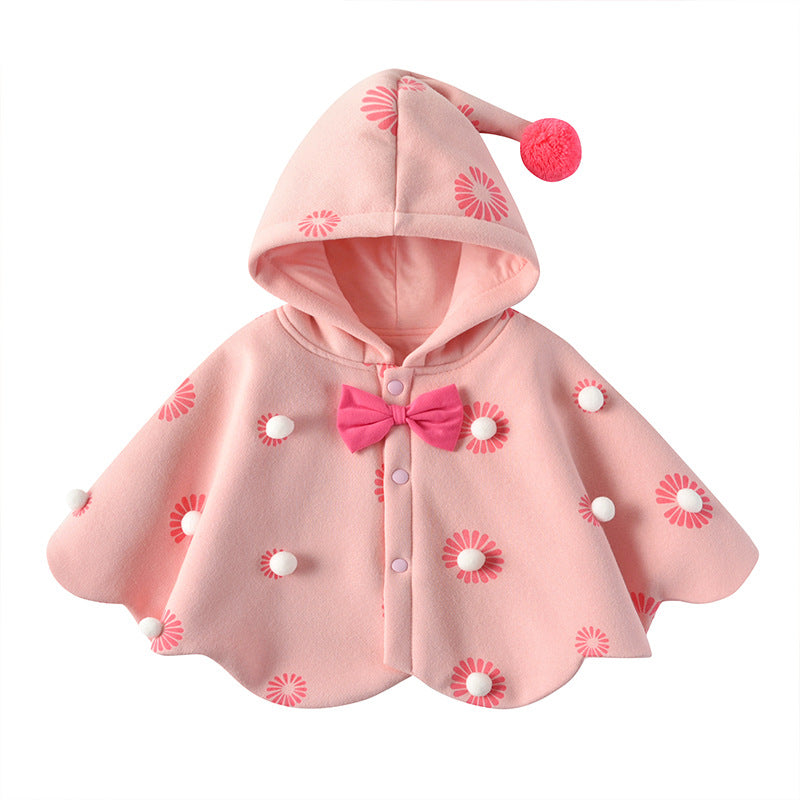 Girls' cloak style autumn/winter outerwear - kids' shawl with hooded design, windproof baby wrap, printed cape style